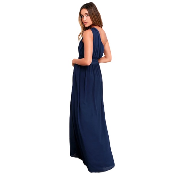 Lulus Looking Glass Women's Large One-Shoulder Maxi Dress Navy Blue - Picture 4 of 13